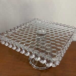 Vtg Fostoria American Square Clear Bell Stem Pedestal Cake Stand w/ Rum Well